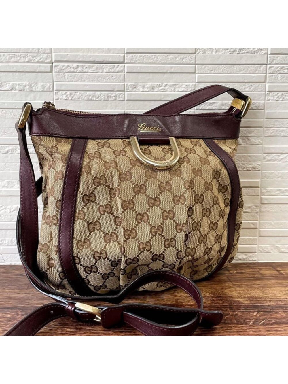 Gucci GG Canvas Leather Abbey Shoulder Bag Bordeaux Brown